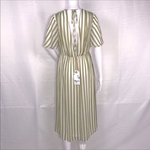 SMY MuMu Cream Olive Green Stripes V-Neck Short Sleeves Midi Dress SzM NWT - Picture 8 of 16
